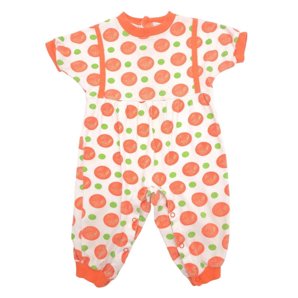 First Impressions Romper Orange Green Polka Dot Glitter Vintage 90s 12 Month